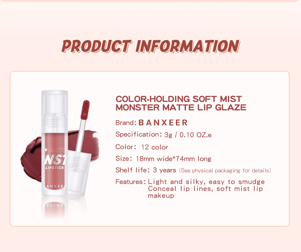 BANXEER 12 Color Matte Velvet Lip Gloss BM08